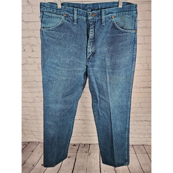 VTG Wrangler Made In USA Blue Green Hand Dyed Straight Leg Jeans Size 36 X 32 - Picture 1 of 11